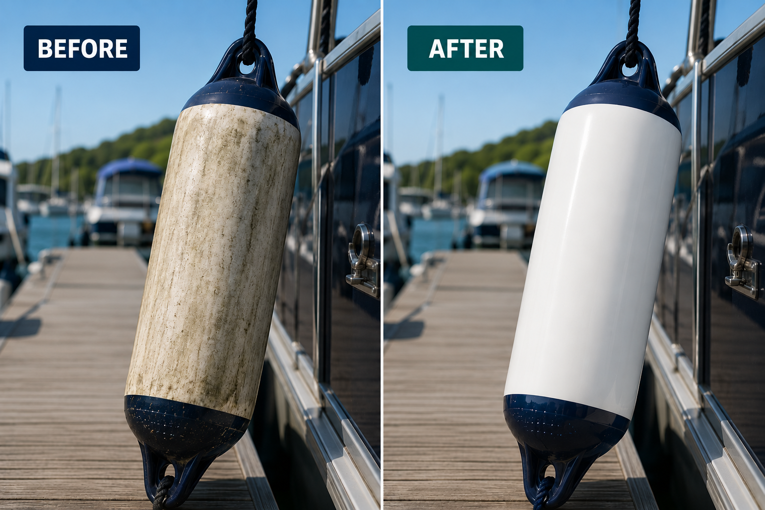 Before and after boat fender cleaner